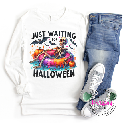 Just Waiting for Halloween Skeleton Long Sleeve Tee | Spooky Gift