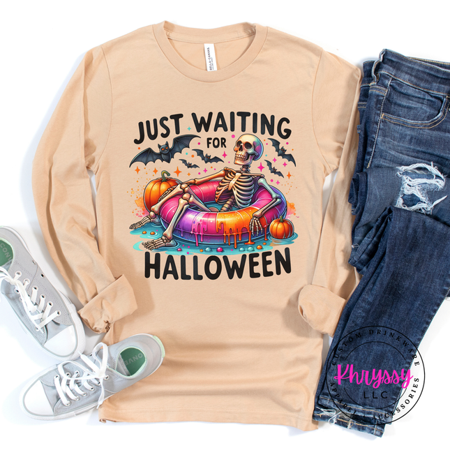 Just Waiting for Halloween Skeleton Long Sleeve Tee | Spooky Gift