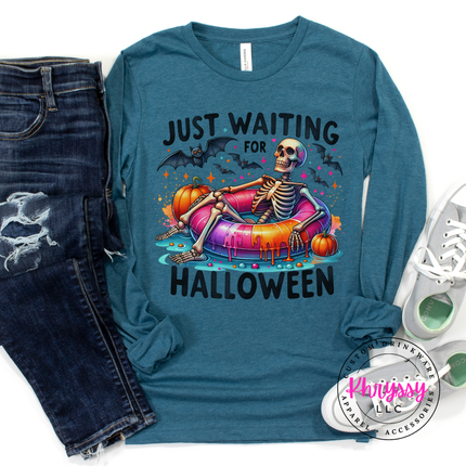 Just Waiting for Halloween Skeleton Long Sleeve Tee | Spooky Gift