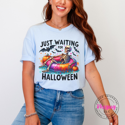 Just Waiting for Halloween Skeleton Pool Float Tee | Spooky Gift