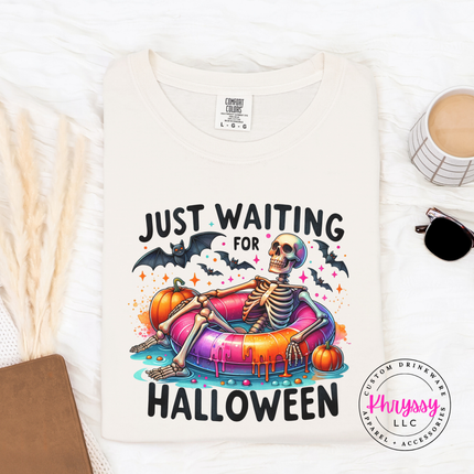Just Waiting for Halloween Skeleton Pool Float Tee | Spooky Gift