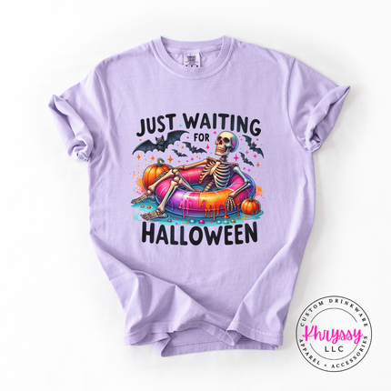 Just Waiting for Halloween Skeleton Pool Float Tee | Spooky Gift