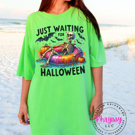 Just Waiting for Halloween Skeleton Pool Float Tee | Spooky Gift