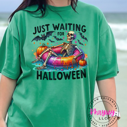 Just Waiting for Halloween Skeleton Pool Float Tee | Spooky Gift