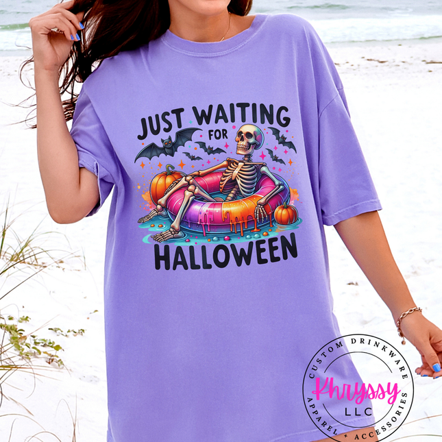 Just Waiting for Halloween Skeleton Pool Float Tee | Spooky Gift
