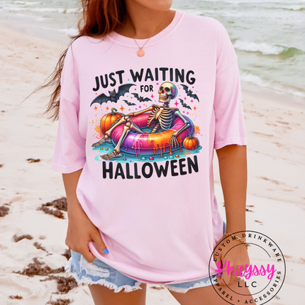 Just Waiting for Halloween Skeleton Pool Float Tee | Spooky Gift