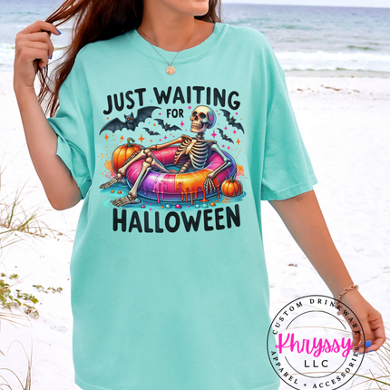 Just Waiting for Halloween Skeleton Pool Float Tee | Spooky Gift