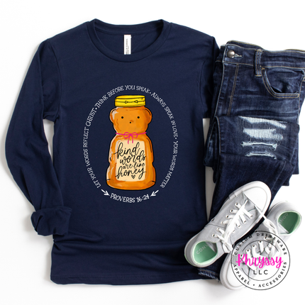 Navy long-sleeve shirt with honey jar graphic and text, paired with jeans and sneakers on a white background.