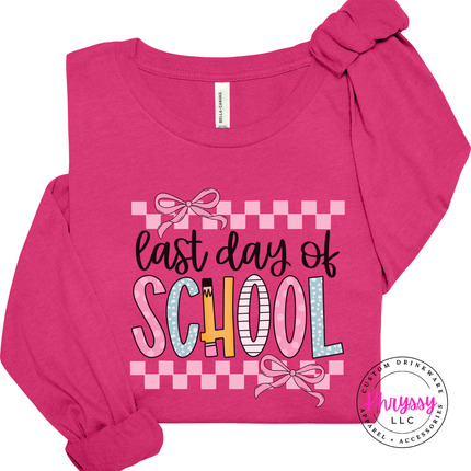 Berry long sleeve tee with a pastel last day of school bow print.