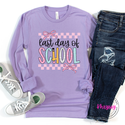 dark lavender long sleeve styled with a pretty last day of school graphic.