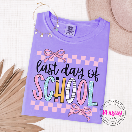 Violet soft tee with a sweet coquette last day of school print.