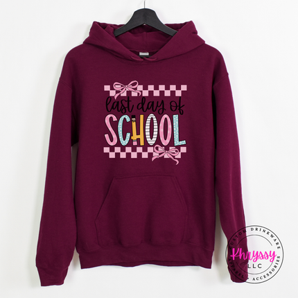 Maroon hoodie with a sweet coquette last day of school print.