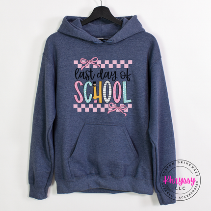 Indigo heavyweight hoodie styled with a pretty last day of school graphic.