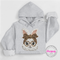 Gray hoodie with a bunny face design wearing a leopard print bow on a white background, branded 'Phrysy'.