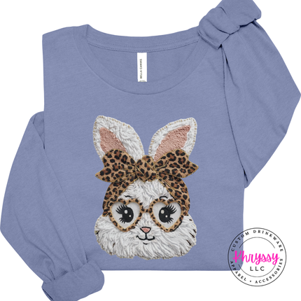 Violet sweatshirt with a bunny wearing glasses and a leopard print bow design on a white background.