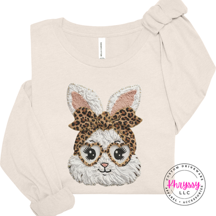 Natural long-sleeve shirt with a bunny face design wearing glasses and a leopard print bow, branded with 'Phrysy'.