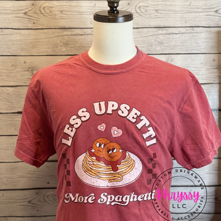 KhryssyLLC 'Less Upsetti More Spaghetti' T-shirt: Features a fun, cartoon design of spaghetti and meatballs with heart details. Perfect for food lovers.