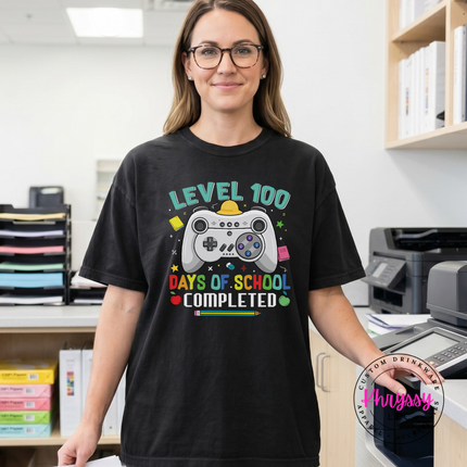 Gamer-inspired 100 days of school graphic on a Black pigment-dyed t-shirt.