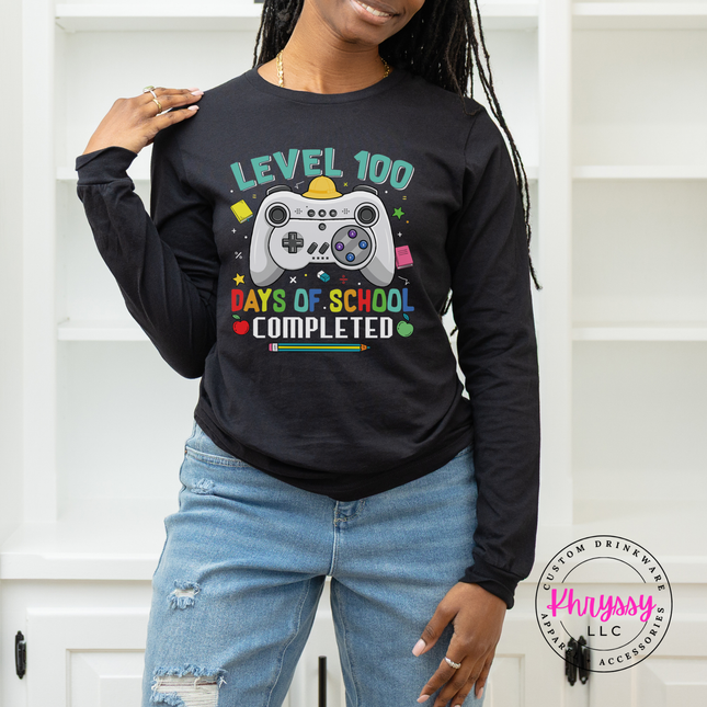Level 100 gamer graphic shown on a Black colored tee, soft and breathable.