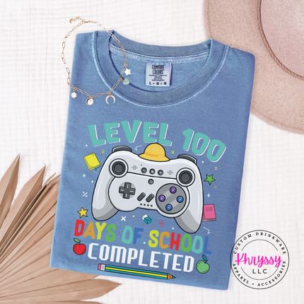 Blue Jean Level 100 gamer tee with controller graphic.