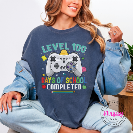Level 100 days of school tee shown in Denim, styled for milestone day.