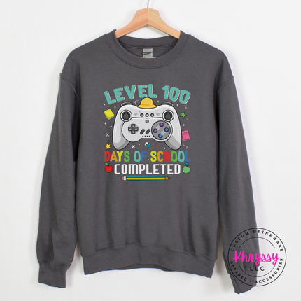 Cozy dark heather sweatshirt with gamer 100 days of school graphic.