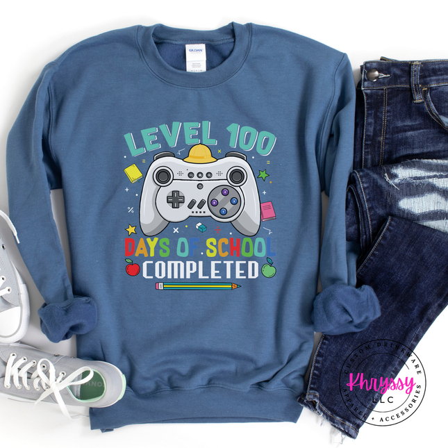 Level 100 crewneck in Indigo Blue, layered for cooler school days.