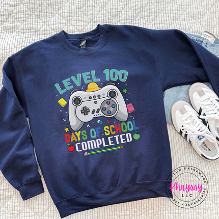 Level 100 gamer crewneck sweatshirt in Navy, cozy for milestone celebration day.