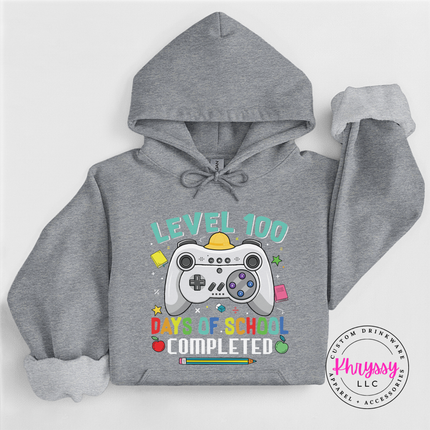 Level 100 gamer hoodie in sport grey with drawstring hood and kangaroo pocket.
