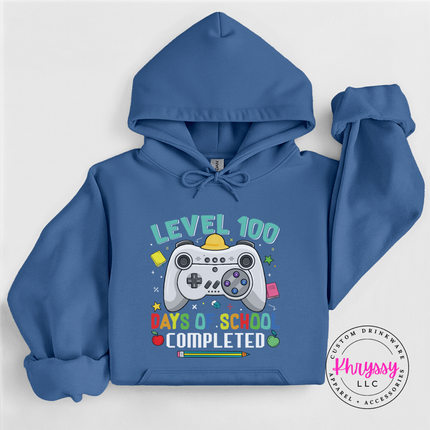 Close-up of the controller and level lettering. indigo hoodie.