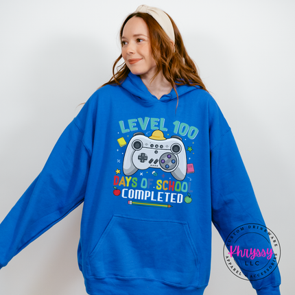 Level 100 hoodie in royal blue, layered for a cooler milestone day.