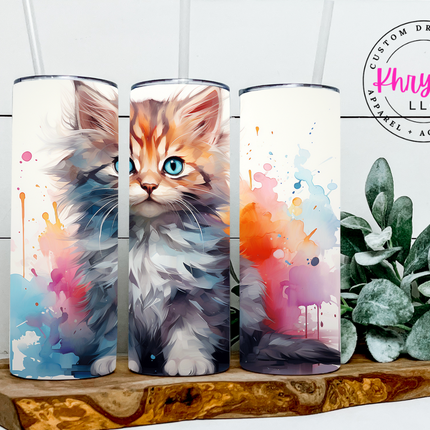 Whimsical Watercolor Cat-Themed 20oz Tumbler with Straw