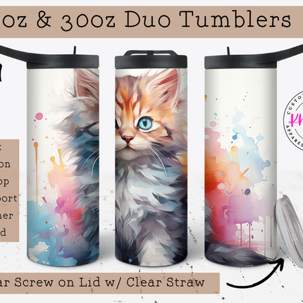 Whimsical Watercolor Cat-Themed 20oz Tumbler with Straw