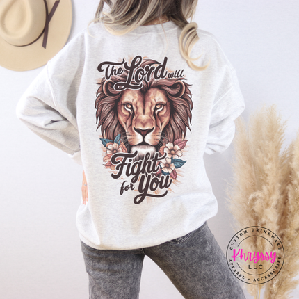 Ash crewneck sweatshirt with a The Lord Will Fight For You lion back graphic.