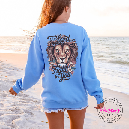 Carolina Blue crewneck sweatshirt featuring a lion and florals faith back design.