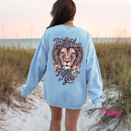 Light Blue crewneck sweatshirt showing a Christian lion The Lord Will Fight print.