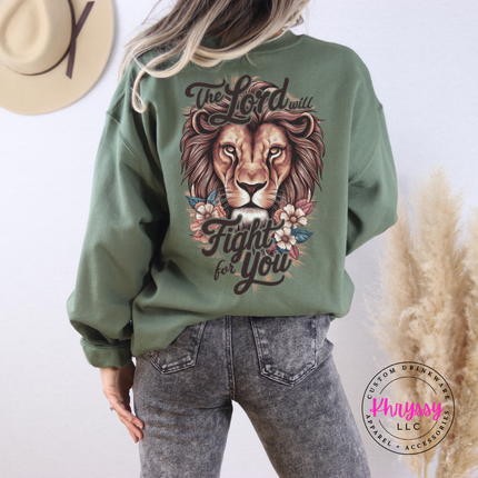 Military Green crewneck sweatshirt displaying a The Lord Will Fight lion back design.
