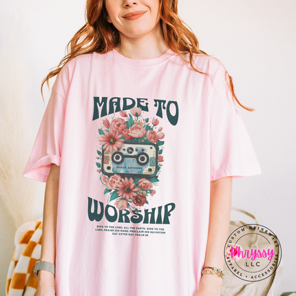 Blossom tee with a retro floral cassette worship design and Psalm 96 lettering