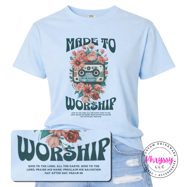 Chambray tee featuring teal worship lettering wrapped in soft coral blooms