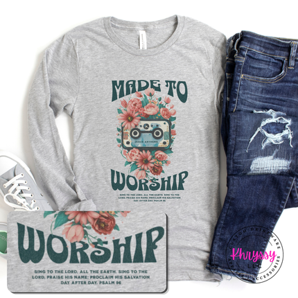 Athletic Heather long sleeve tee with a retro floral cassette worship graphic