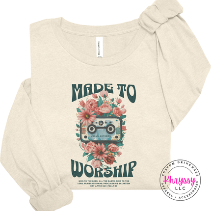 Natural long sleeve tee showing the Made To Worship cassette illustration