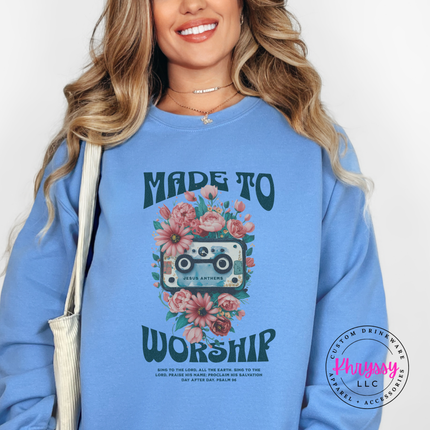 carolina blue crewneck sweatshirt featuring teal worship lettering and coral blooms