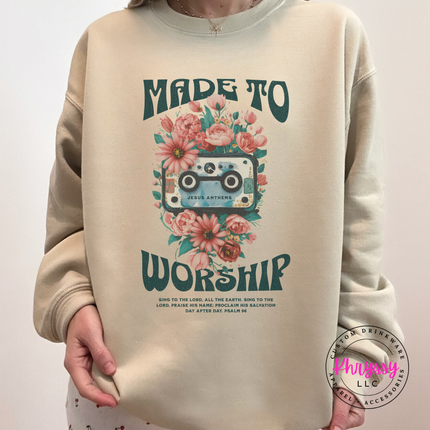 Sand crewneck sweatshirt with blooming cassette art and Psalm 96 lettering