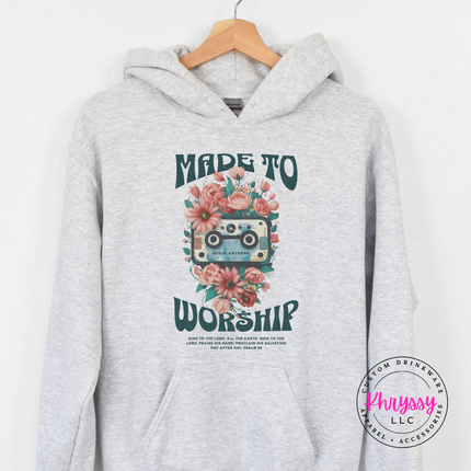 Ash Grey hoodie with a retro floral cassette worship design on the chest