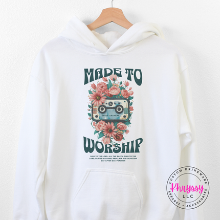 White hoodie with teal worship lettering and a blooming cassette design