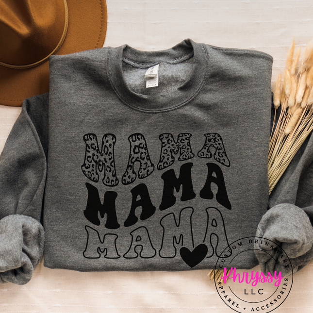 Green sweatshirt with 'MAMA MAMA MAMA' text on a neutral background