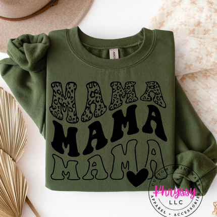 Green sweatshirt with 'MAMA MAMA MAMA' text on a neutral background