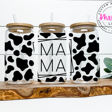 MAMA Cow Print 16oz Libbey Glass Cup with Straw: Stylish Sip for Super Moms!
