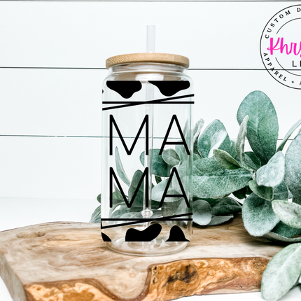 MAMA Cow Print 16oz Libbey Glass Cup with Straw: Stylish Sip for Super Moms!