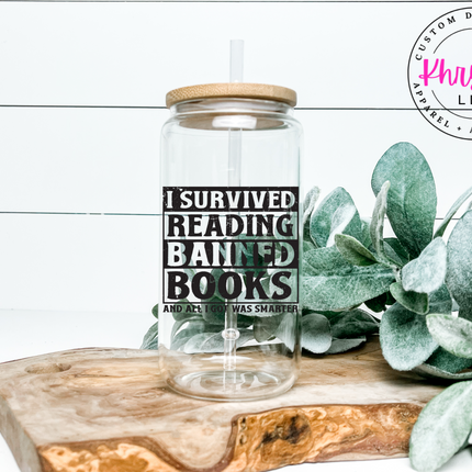I Survived Reading Banned Books 16oz Libbey Glass with Straw